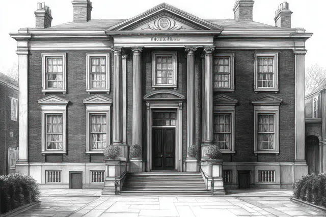 Black-and-white drawing of a classical two-story building with tall columns, centered stairs, and symmetrical windows.