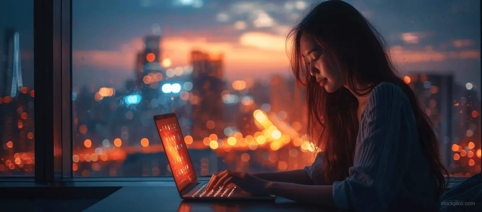 Young Asian businesswoman typing on a laptop at night in a home office beside a window with city lights.