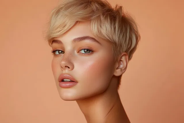 A young Black woman with short blonde pixie hair and a nose piercing smiles in a warm beige studio portrait.