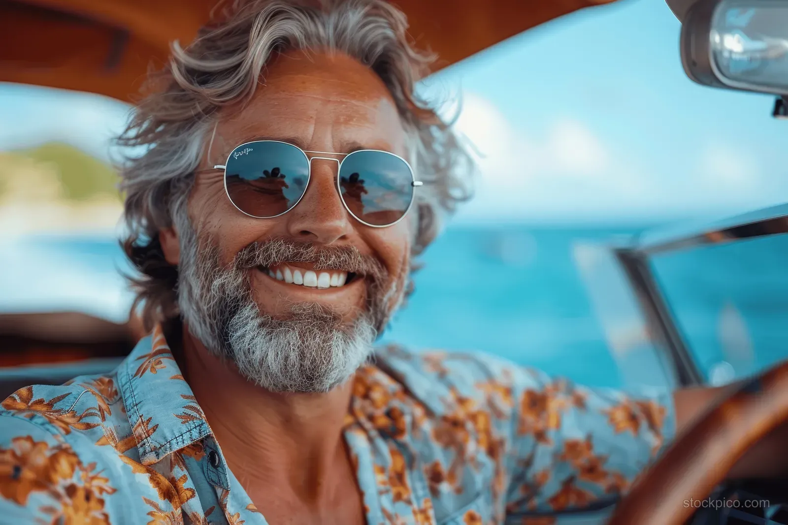 Smiling senior man drives a convertible with mirrored sunglasses as the Italian coast and blue sea blur behind him.