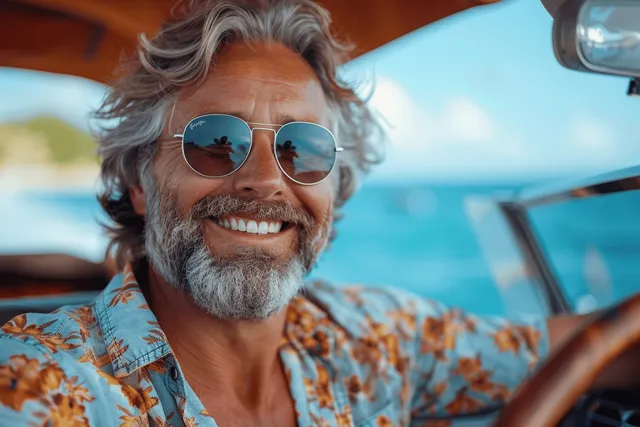 Smiling senior man driving a convertible along the Italian coast, sea breeze and sunlight