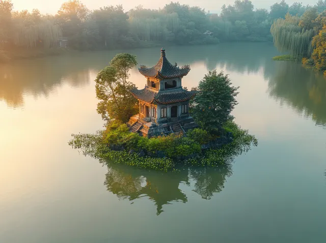 Sunrise-lit pavilion on a small island in a calm lake, with tree-lined greenery reflected in still water.