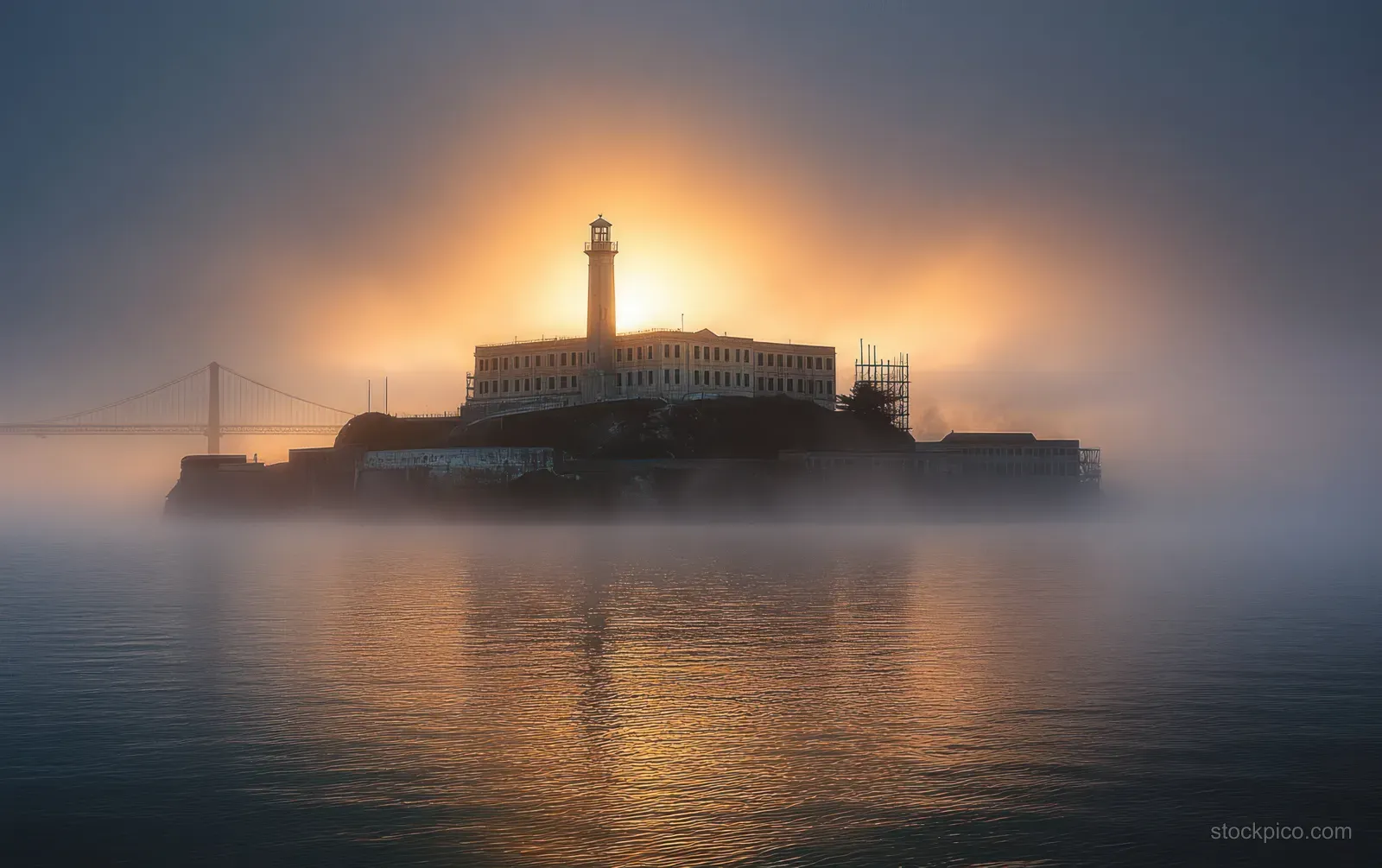 Historic island fortress and tall lighthouse glow through sunrise mist above calm water with a distant suspension bridge.