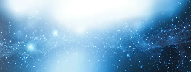 Glowing interconnected nodes and lines form an abstract network across a blue light-dark gradient background.