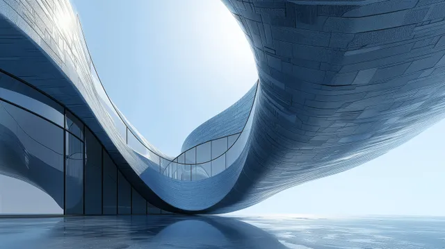 Futuristic 3D render showcasing smooth curved architecture on a concrete floor with ample open space for presentations.
