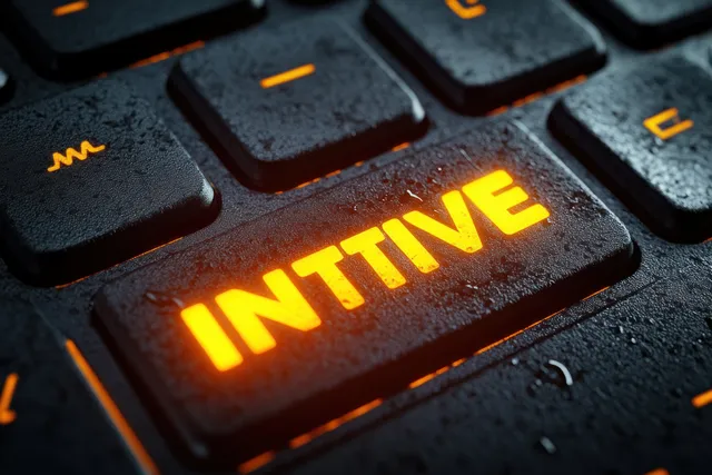 A close-up of a black keyboard showing a glowing orange “INTITIVE” key with water droplets on its surface.