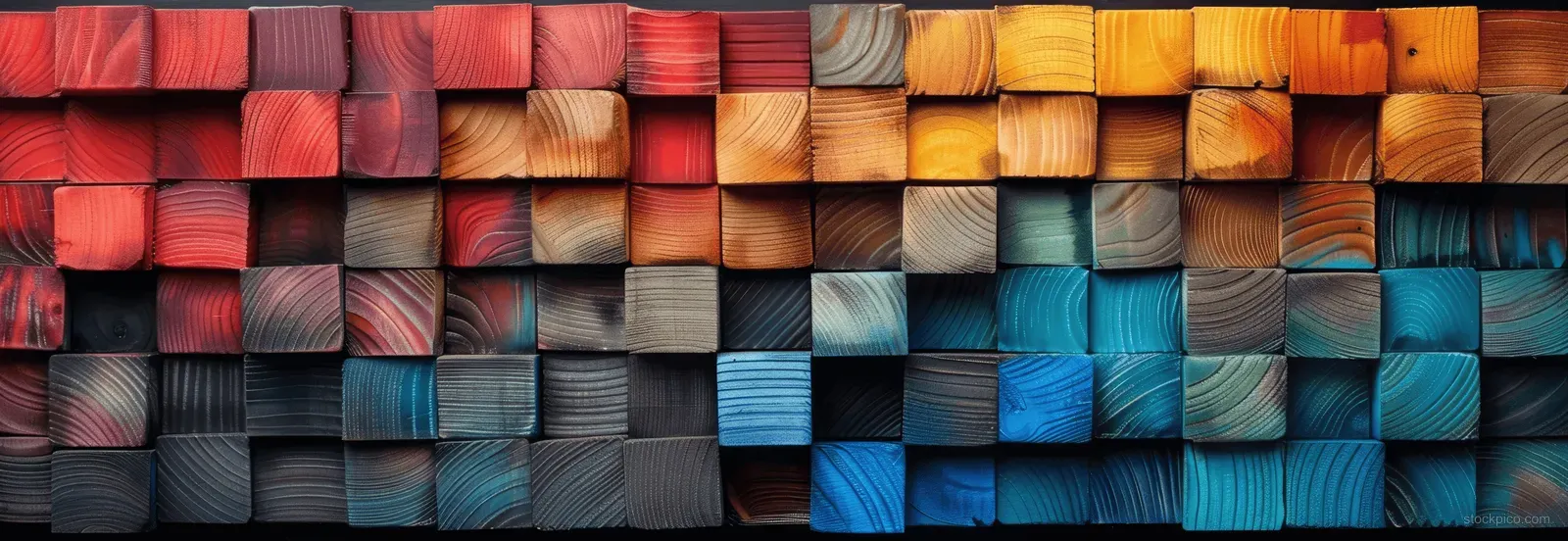 Wooden cubes in red, yellow, blue, and green arranged in an abstract grid pattern across a wide banner.