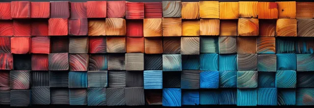 Colorful wooden cube tiles form an abstract grid with deep shadows and varied finishes