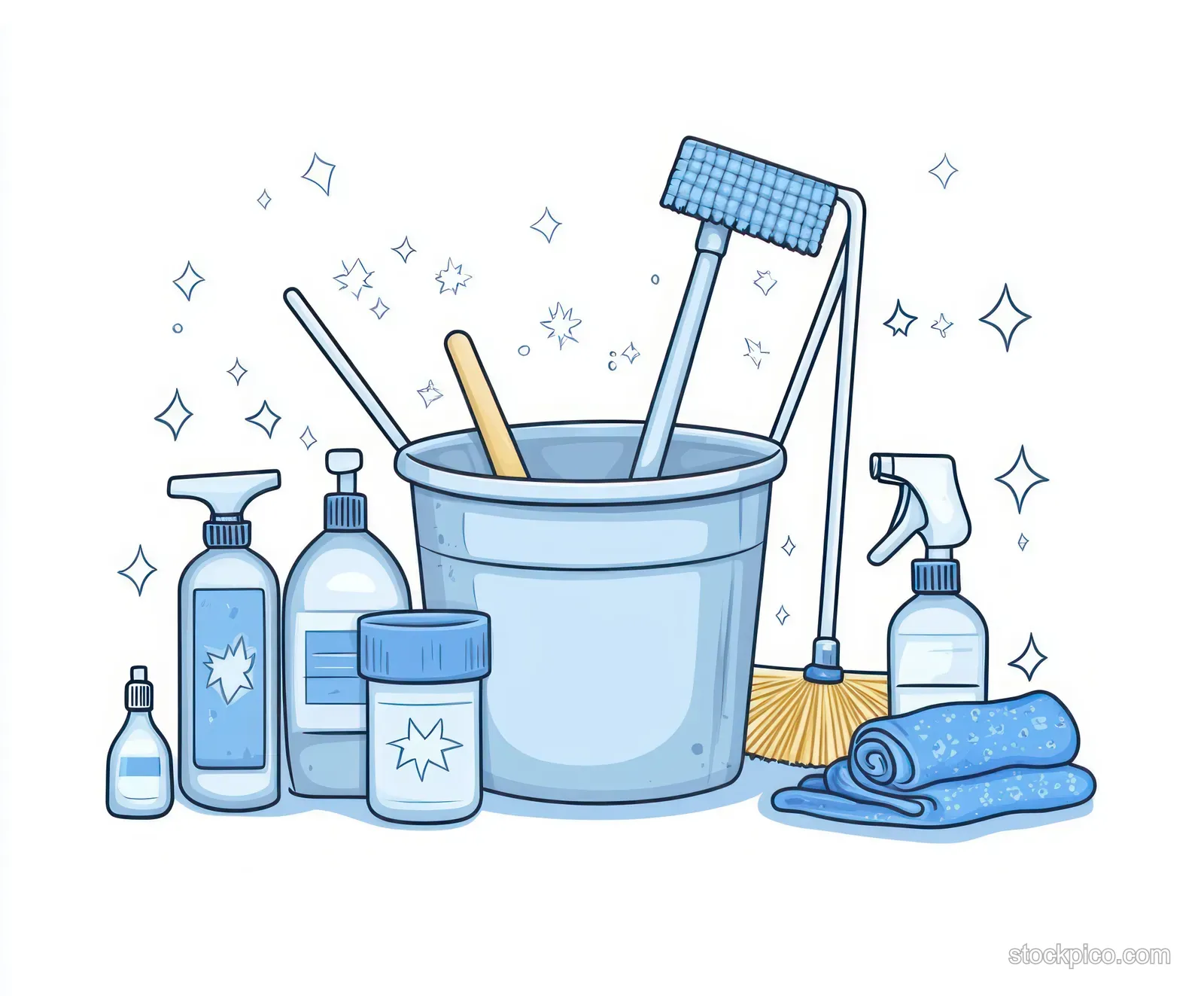 Pastel vector illustration of a blue cleaning bucket with mop, spray bottles, and folded cloths.
