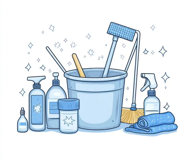 Pastel vector illustration of a blue cleaning bucket with mop, spray bottles, and folded cloths.