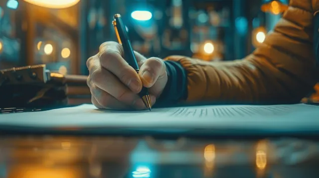在夜晚的办公室里，双手在桌前用笔在纸上签署合同，背景有虚化灯光。