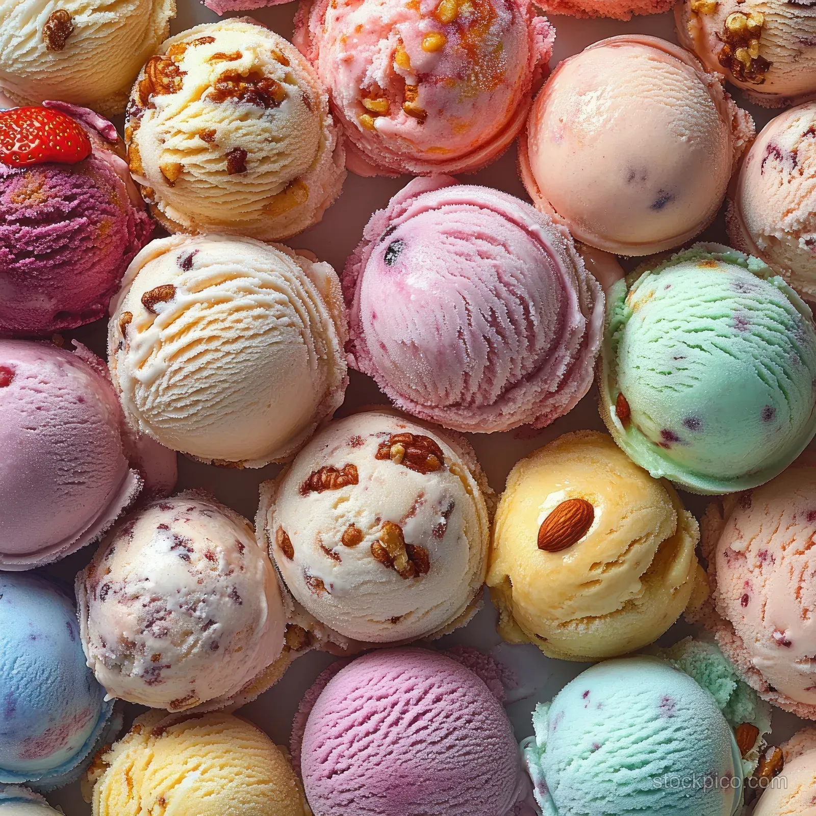 Close-up of colorful ice cream scoops with different mix-ins and toppings packed tightly together.
