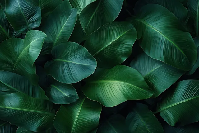 Layered dark green tropical leaves with visible veins and glossy texture fill the frame in natural light.