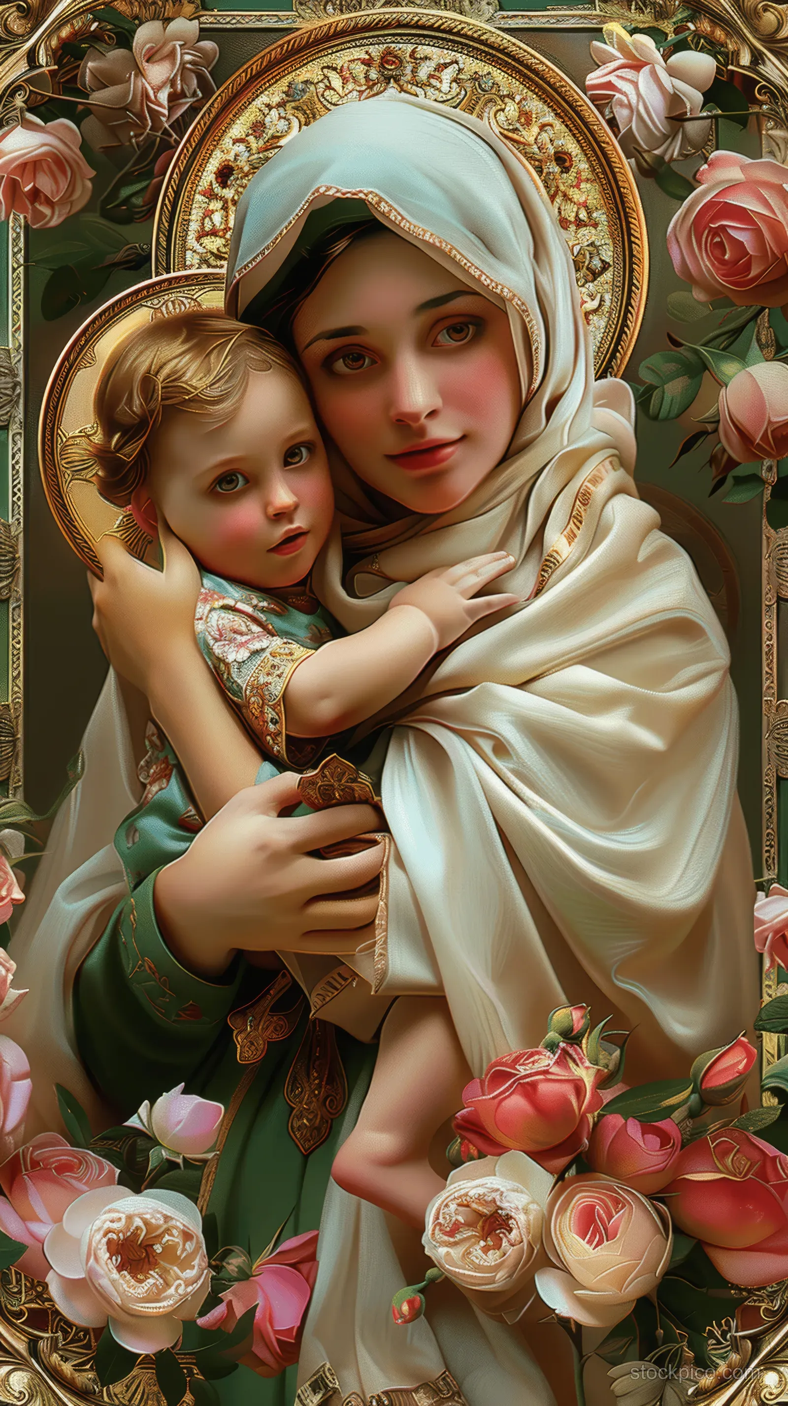 Mother Mary holding Baby Jesus surrounded by pastel roses on an ornate baroque golden background.