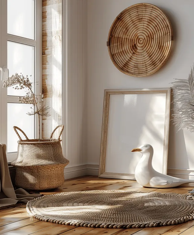 Blank white wooden photo frame leaning in a boho nursery corner beside woven decor and a window.