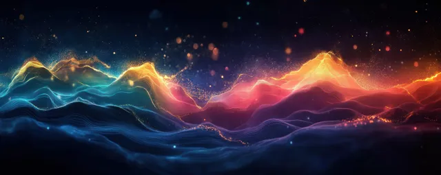 Colorful neon light waves across a starry digital horizon with particle sparks