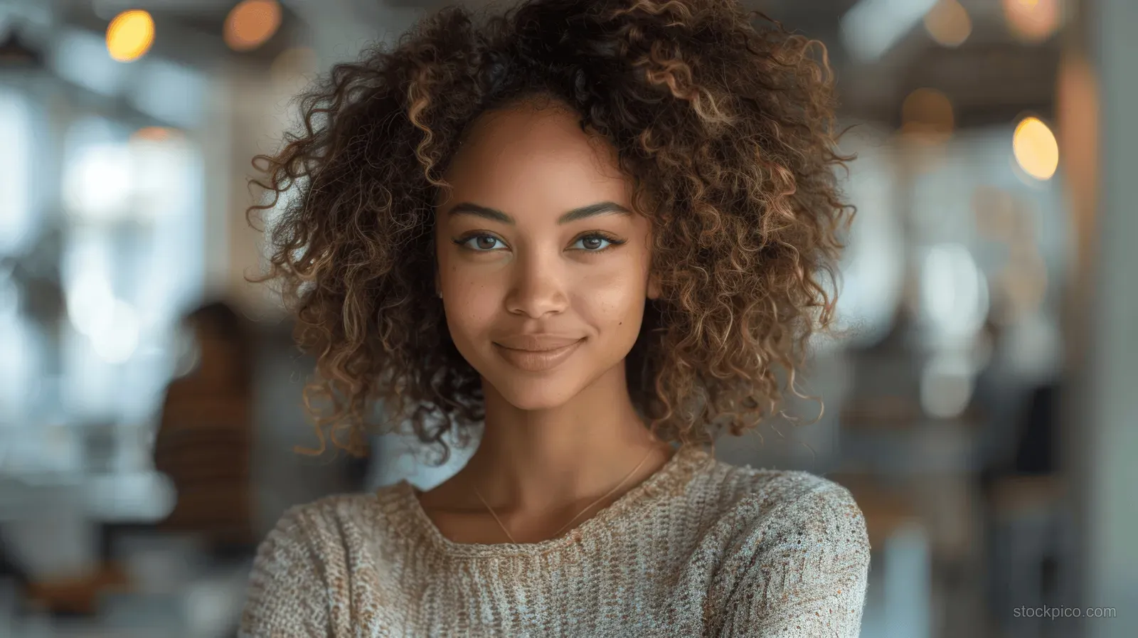 Mixed-race businesswoman with curly hair smiles in a softly lit office while seated with relaxed posture.