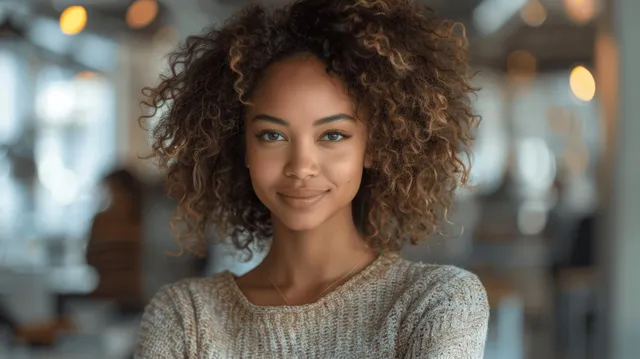 Empresaria mestiza con cabello rizado sonríe en una oficina suavemente iluminada mientras está sentada con una postura relajada.