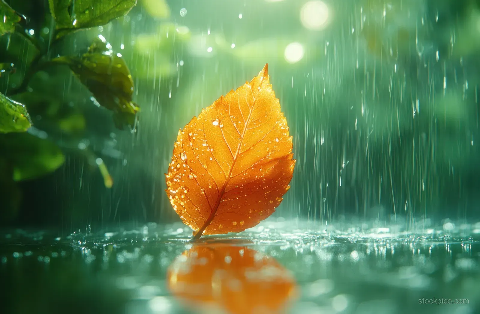 Orange autumn leaf on a wet surface with raindrops falling and soft sunlight creating glowing highlights.