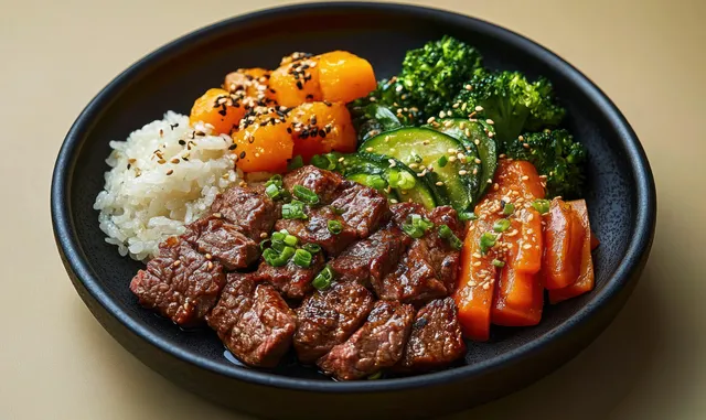 Grilled steak and rice bowl with glazed carrots, broccoli, cucumber, sesame seeds, and chopped chives on a dark plate.
