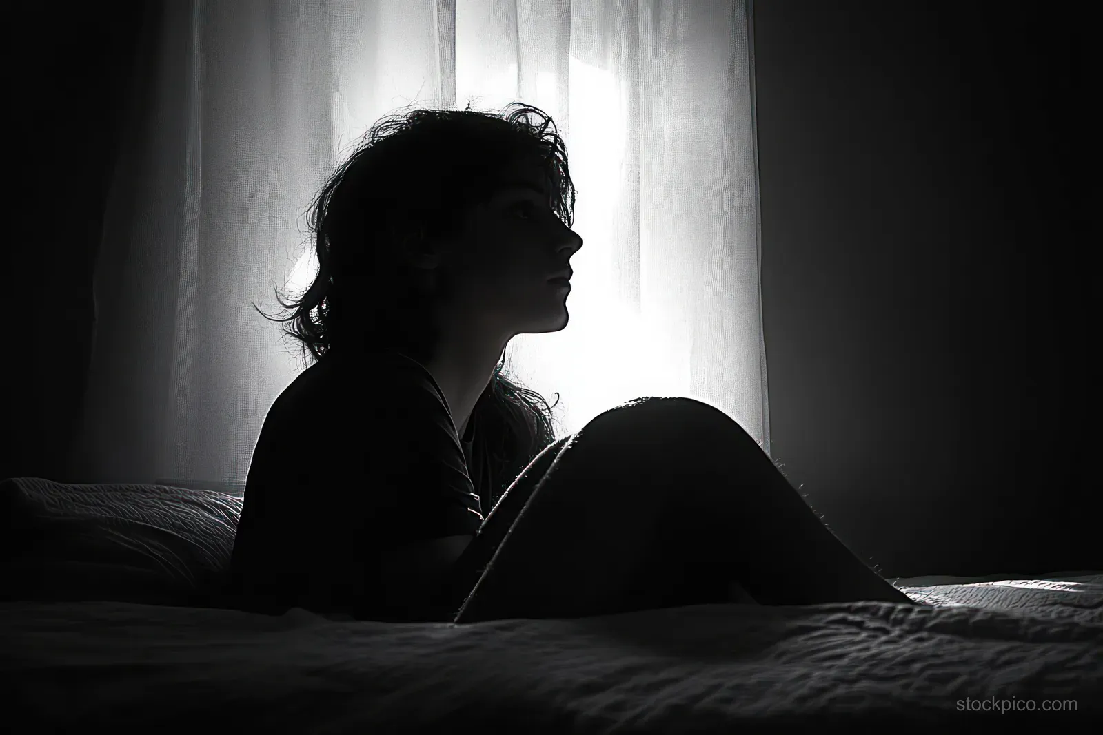 A silhouetted person sits on a bed, looking toward glowing window curtains in a dim room.