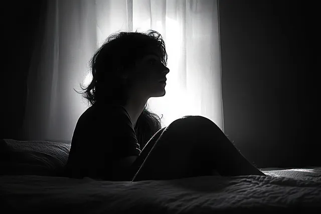 Silhouette of a person sitting on a bed in front of glowing window curtains
