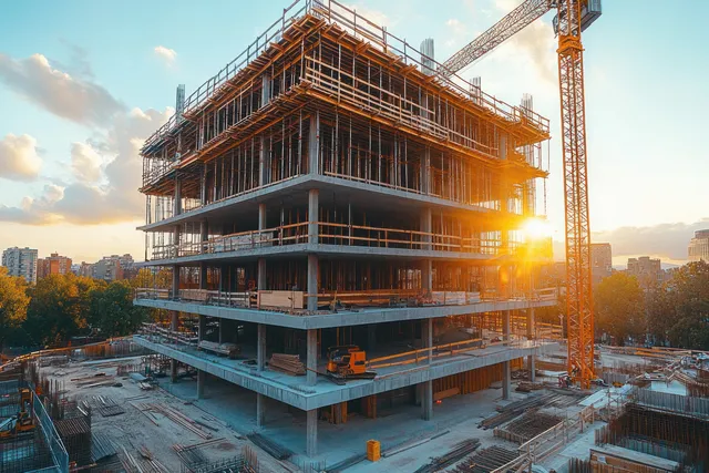 Construction site of a concrete apartment tower with crane during golden hour