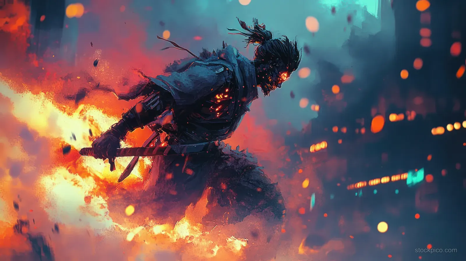 A cyberpunk warrior charges forward, firing a lightning blast through smoky neon ruins with sparks flying.