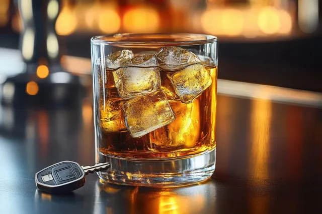 A rocks glass of whiskey with ice cubes sits on a polished bar surface next to a car key.