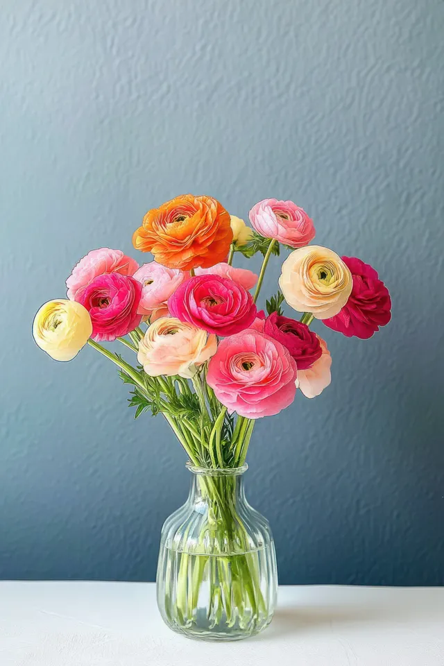 Colorful ranunculus bouquet in a clear glass vase on a plain blue background