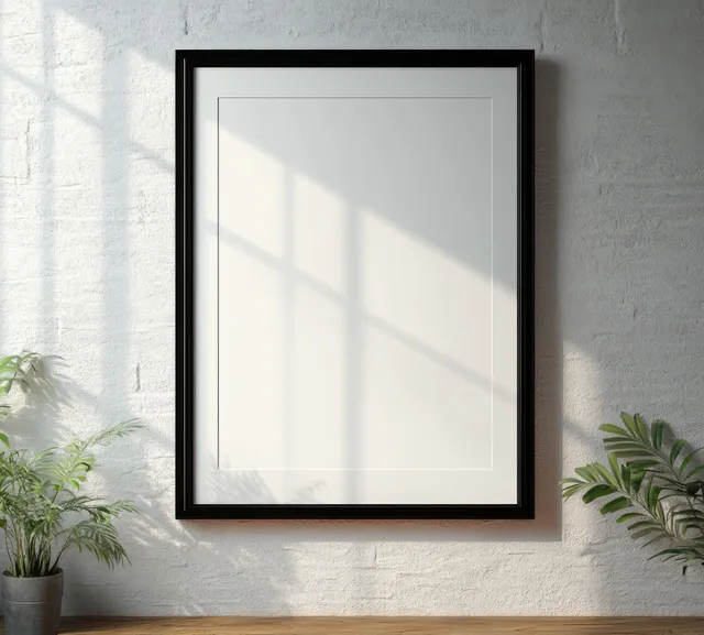Black-framed vertical poster mockup mounted on a textured white wall with soft window shadows.