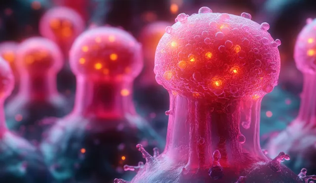 Glowing pink and red cancer cells with tiny illuminated dots float on a deep turquoise background.