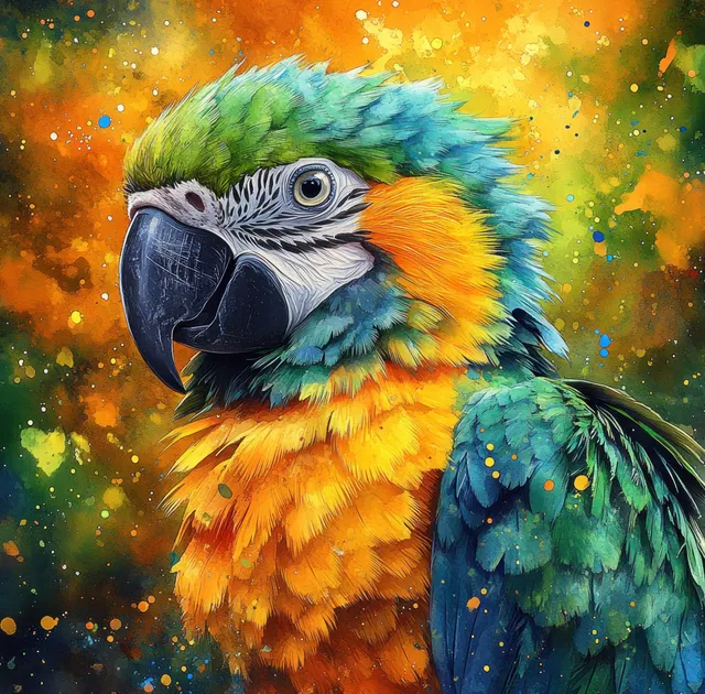 Close-up watercolor portrait of a colorful macaw with bright feather edges and warm orange-green paint splatters behind it.