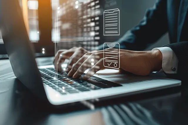 A man’s hand taps virtual form and checklist icons on a laptop in a blurred office with digital document overlays.