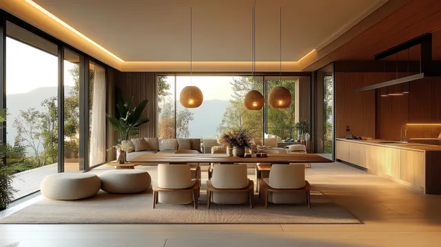 Warm open-plan living and dining room with wooden seating and floor-to-ceiling windows overlooking a scenic landscape.
