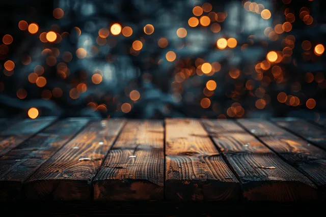 Empty wooden tabletop in the foreground with blurred warm bokeh lights glowing in the dark background.