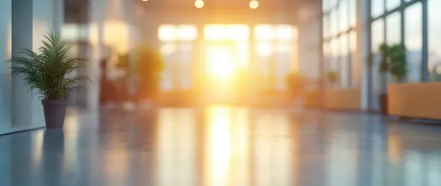 Sunlight fills a modern office corridor with large windows, potted plants, and reflections on a glossy tile floor.