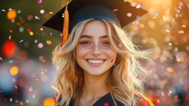 A smiling young woman in a graduation cap and gown stands amid falling confetti.