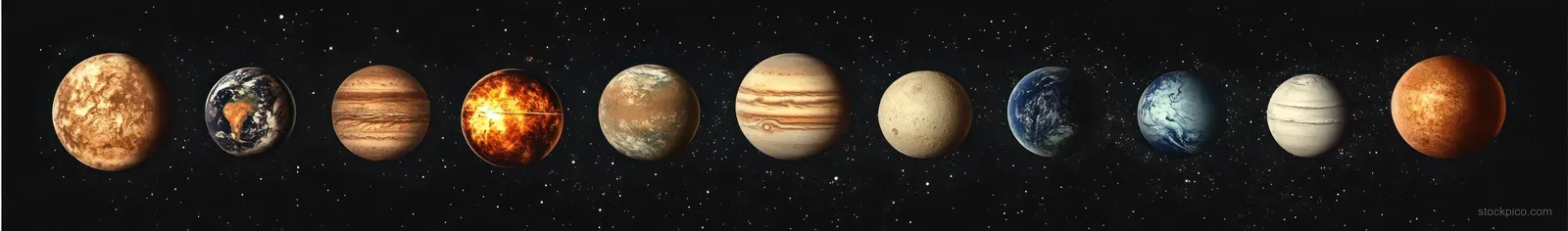 A row of colorful planets with varied textures displayed against a starry black space background.