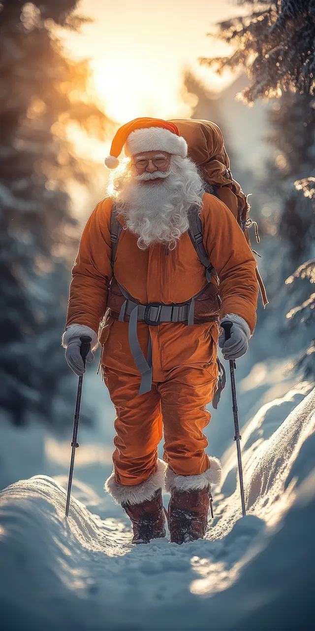 Santa Claus hiking through snowy mountains at golden hour with a glowing warm light behind him.