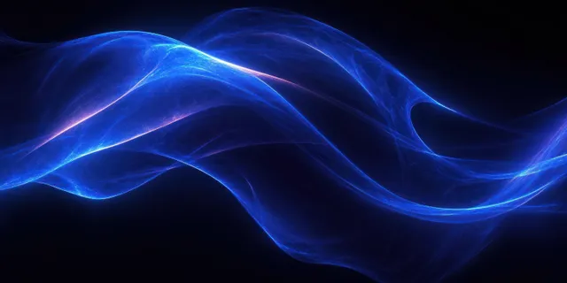 Glowing blue wave ribbons undulate across a dark background, leaving soft light streaks.