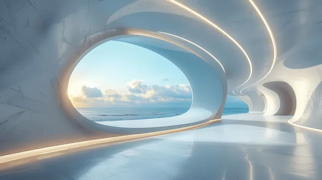 Minimalist concrete tunnel with glowing curved lights and an opening to the ocean horizon.