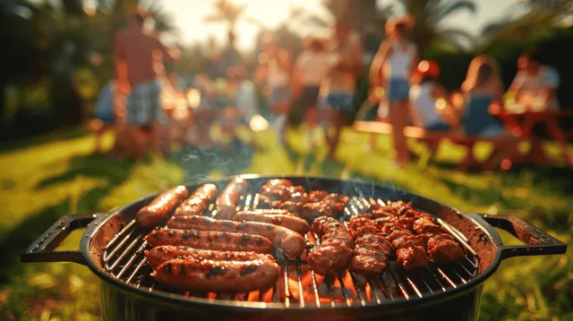 Grilling sausages on a backyard barbecue, sunny garden picnic with bokeh people silhouettes