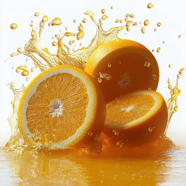 Three orange halves with juice splash on a glossy reflective surface in macro view