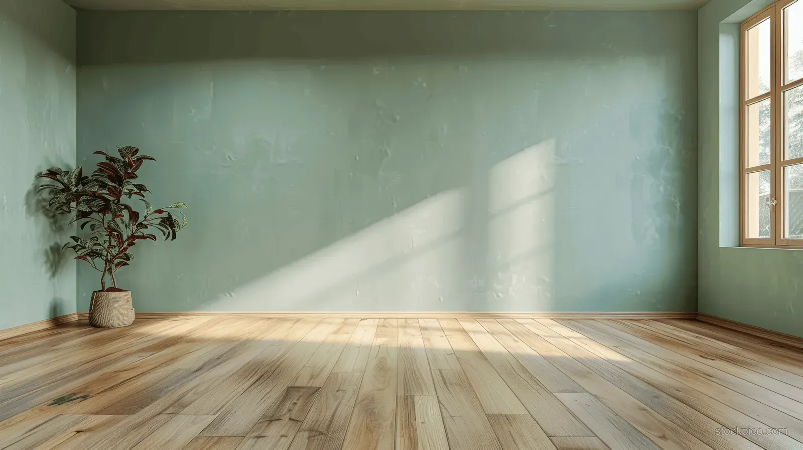Empty minimalist room with light green wall, wooden floorboards, and sunlit window shadow lines.