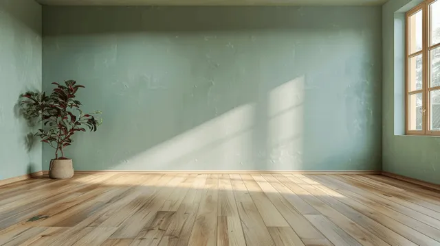 Empty minimalist room with light green wall, wooden floorboards, and sunlit window shadow lines.
