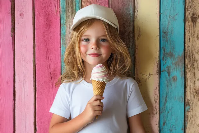 Smiling child holding an ice cream cone beside colorful painted wooden wall
