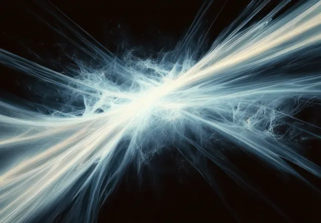 Glowing intersecting light beams burst through smoky blue haze on a dark background.
