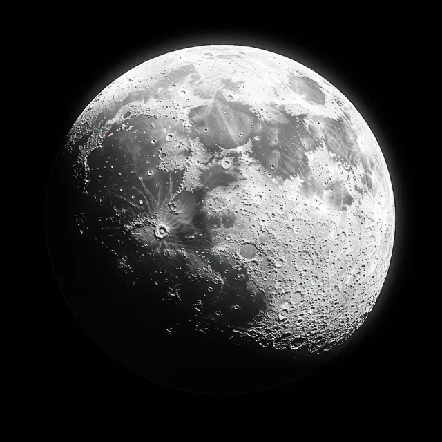 The moon appears in close view, showing crater patterns and textured shadows against a dark space background.