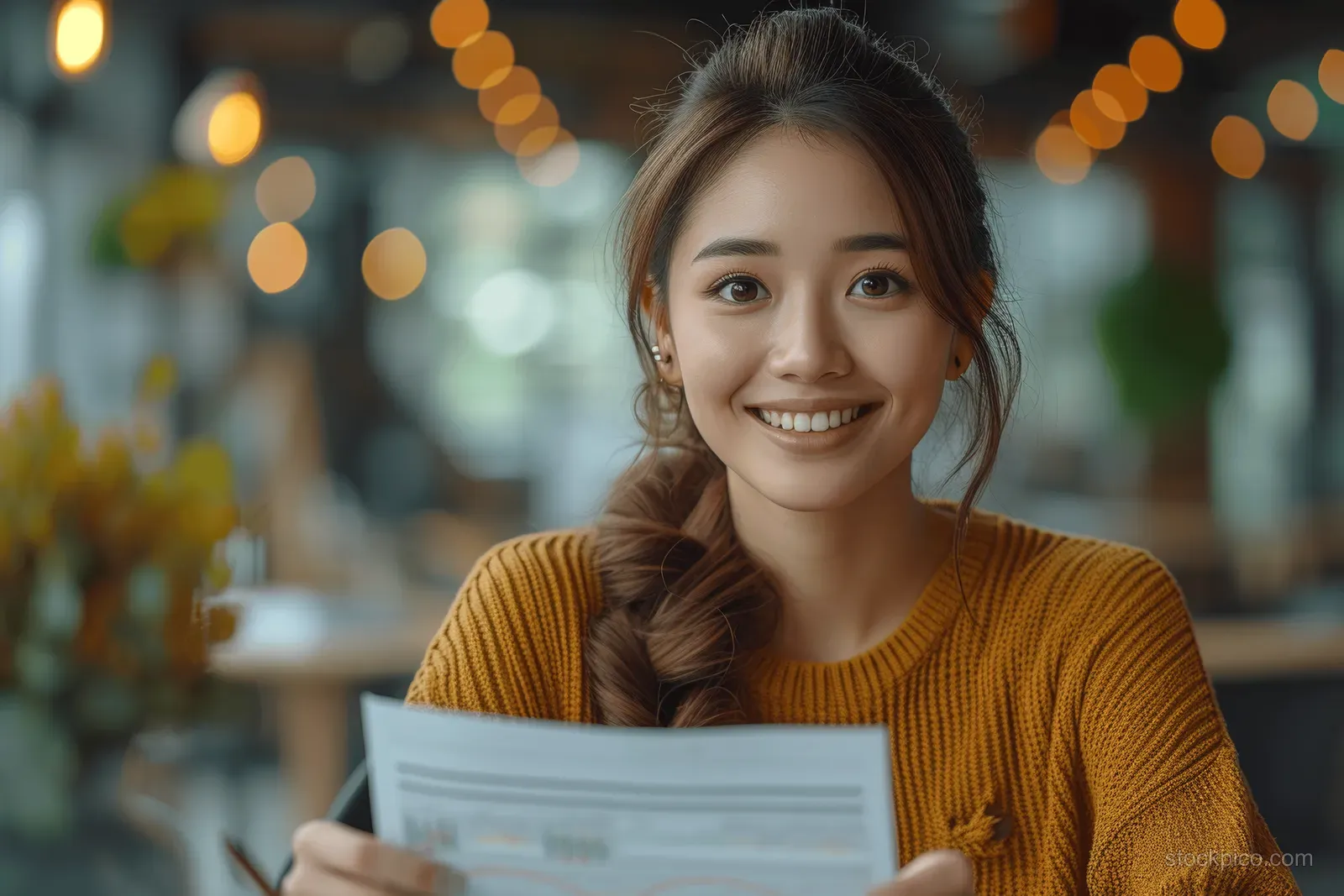Smiling businesswoman holds a folder of printed financial statements in a softly lit office.